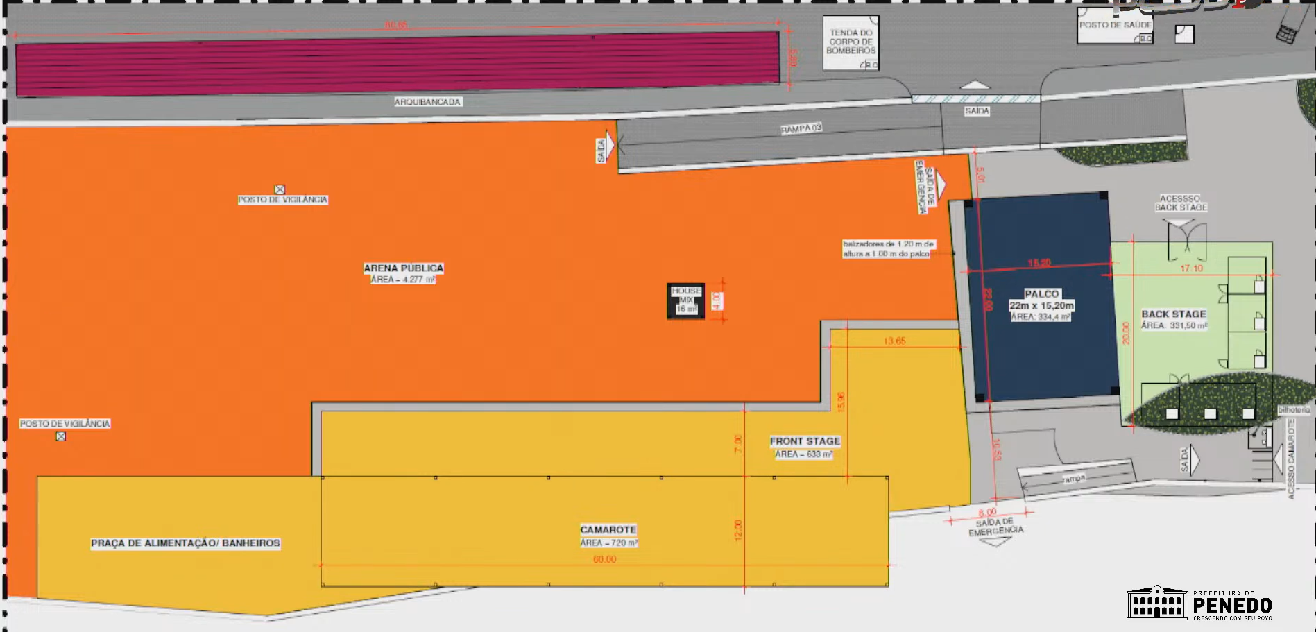 A área de acesso ao camarote está representada pela cor laranja.