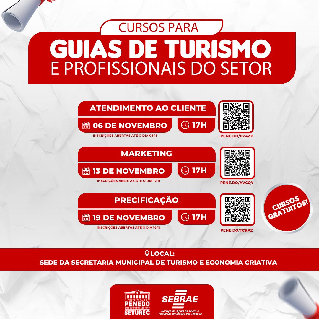 Prefeitura de Penedo e Sebrae ofertam novos cursos gratuitos para Guias de Turismo e profissionais do setor